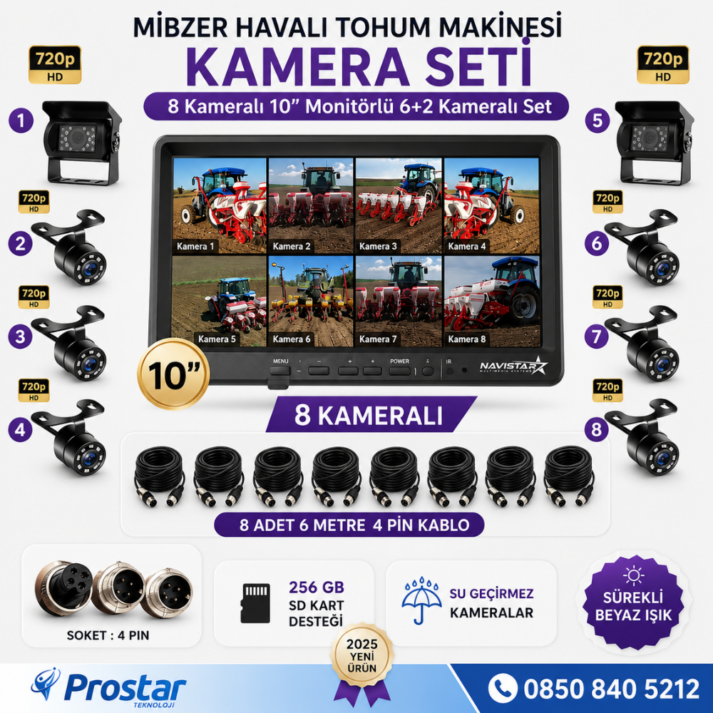 Mibzer için 8 Kameralı 10 inç Sekize Bölen Monitör 2 Büyük Kameralı Kayıtlı 256 Gb Sd Kart Destekli