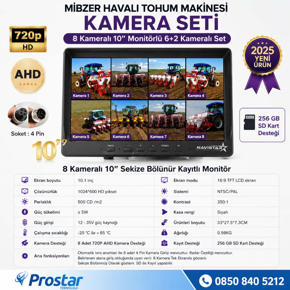 Mibzer için 8 Kameralı 10 inç Sekize Bölen Monitör 2 Büyük Kameralı Kayıtlı 256 Gb Sd Kart Destekli