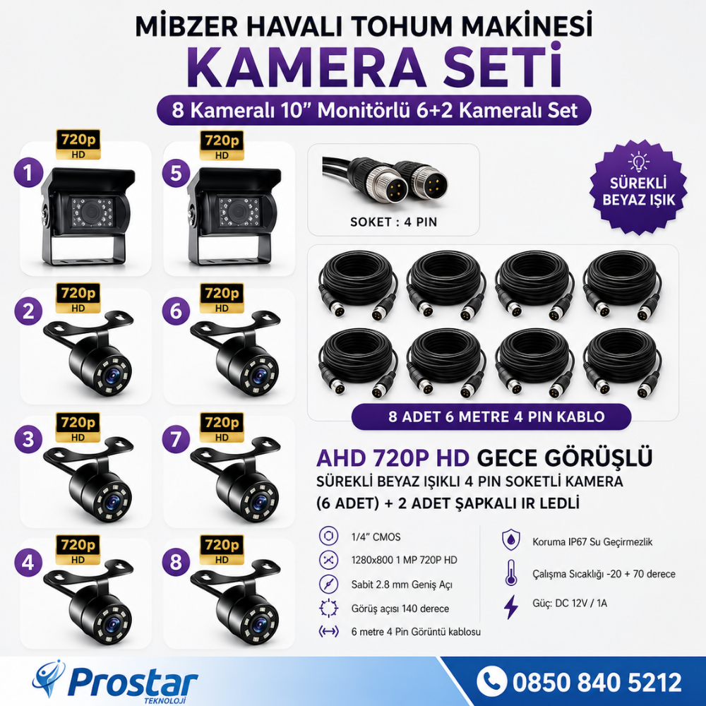 Mibzer için 8 Kameralı 10 inç Sekize Bölen Monitör 2 Büyük Kameralı Kayıtlı 256 Gb Sd Kart Destekli
