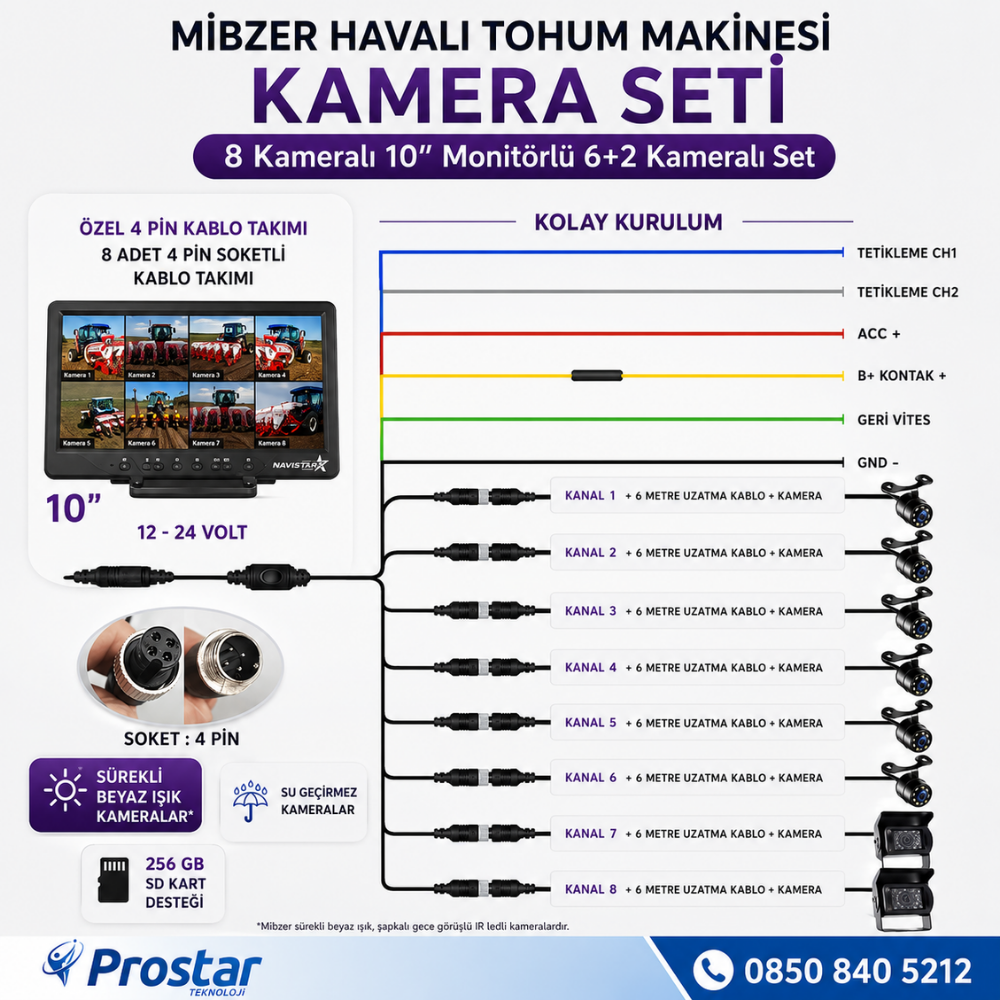 Mibzer için 8 Kameralı 10 inç Sekize Bölen Monitör 2 Büyük Kameralı Kayıtlı 256 Gb Sd Kart Destekli