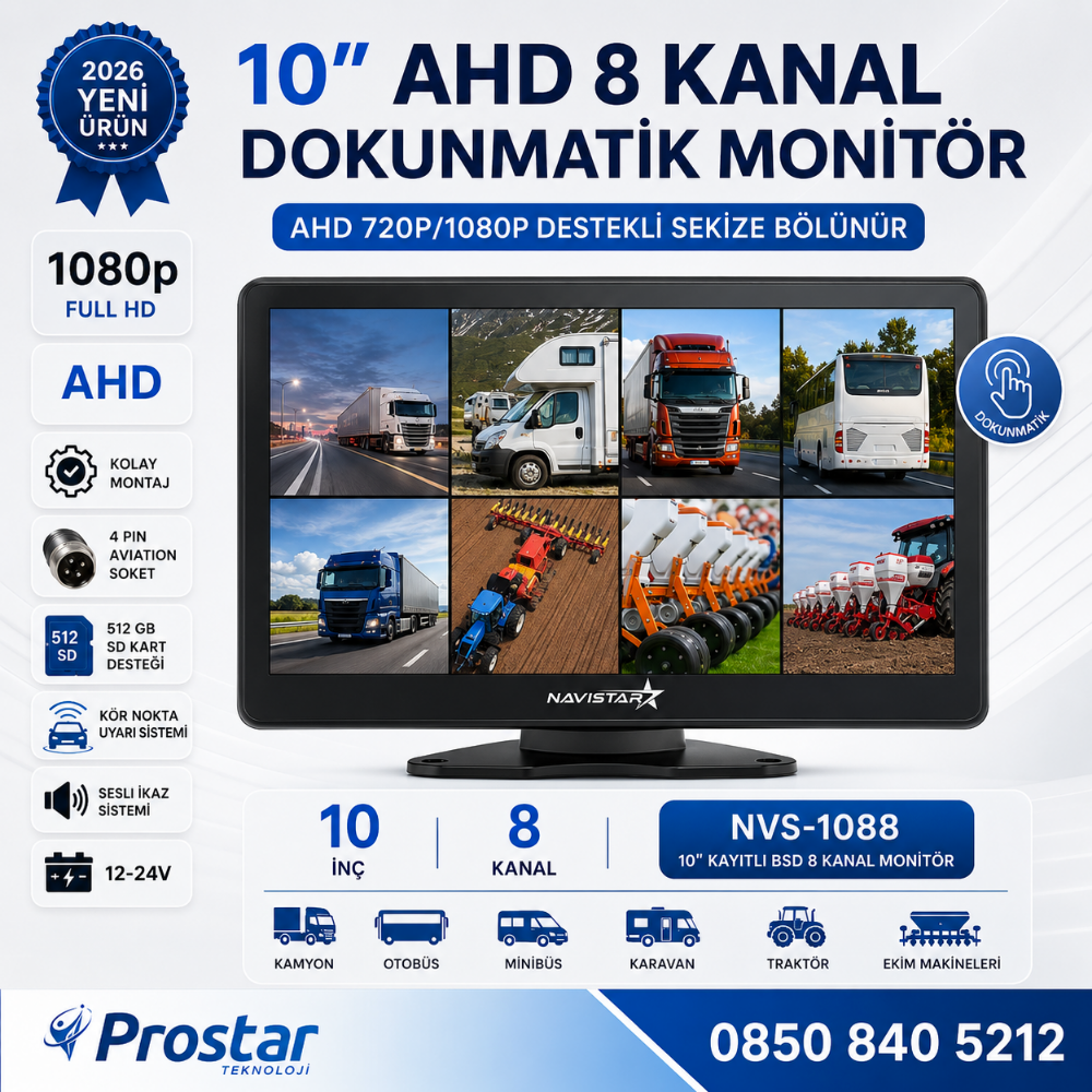 Mibzer için 8 Kameralı 10 inç Sekize Bölen Monitör Kayıtlı 256 Gb Sd Kart Destekli