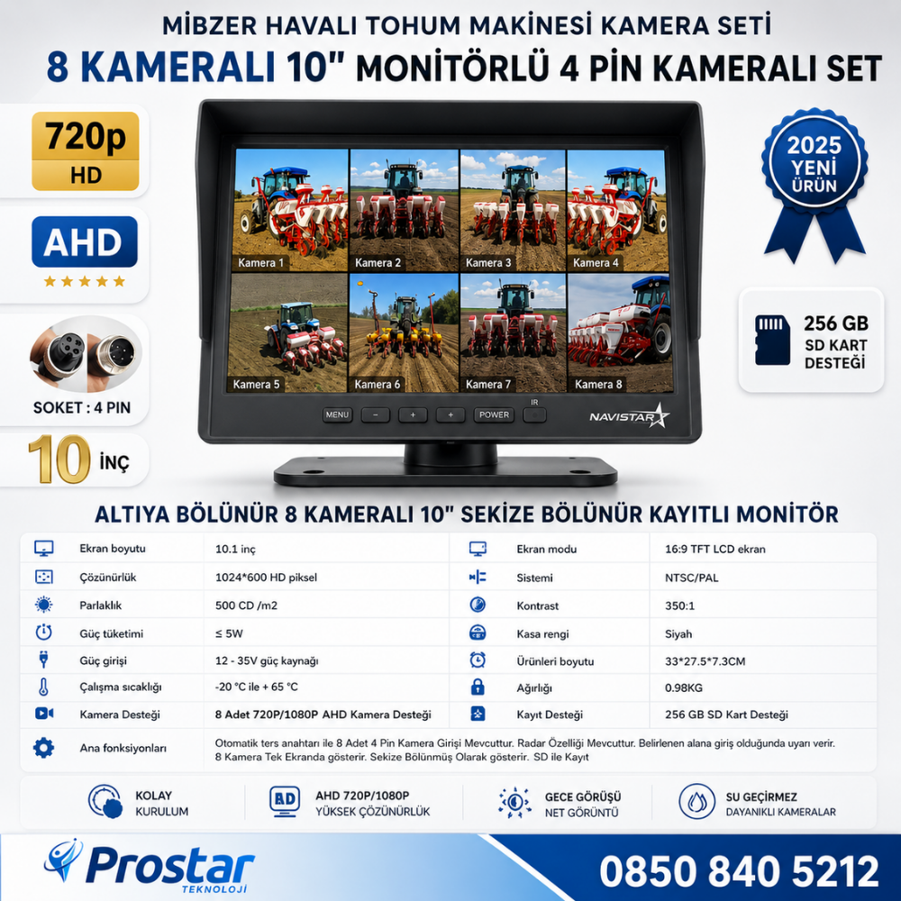 Mibzer için 8 Kameralı 10 inç Sekize Bölen Monitör Kayıtlı 256 Gb Sd Kart Destekli
