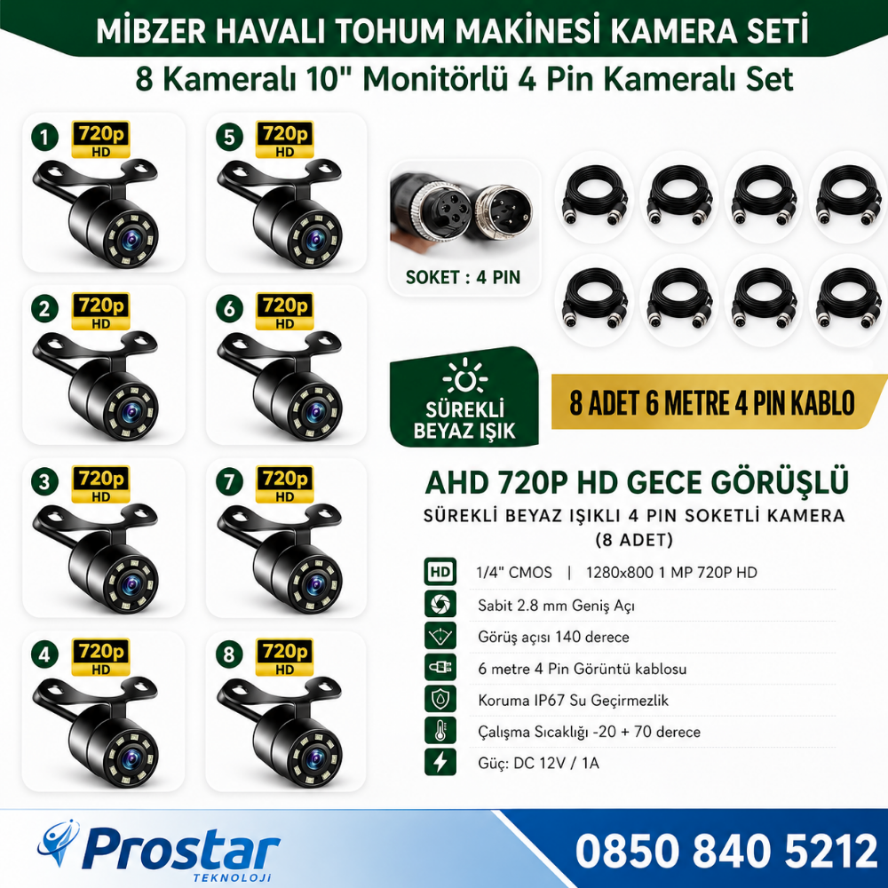 Mibzer için 8 Kameralı 10 inç Sekize Bölen Monitör Kayıtlı 256 Gb Sd Kart Destekli