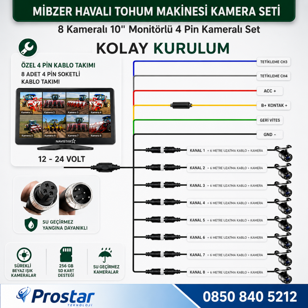 Mibzer için 8 Kameralı 10 inç Sekize Bölen Monitör Kayıtlı 256 Gb Sd Kart Destekli