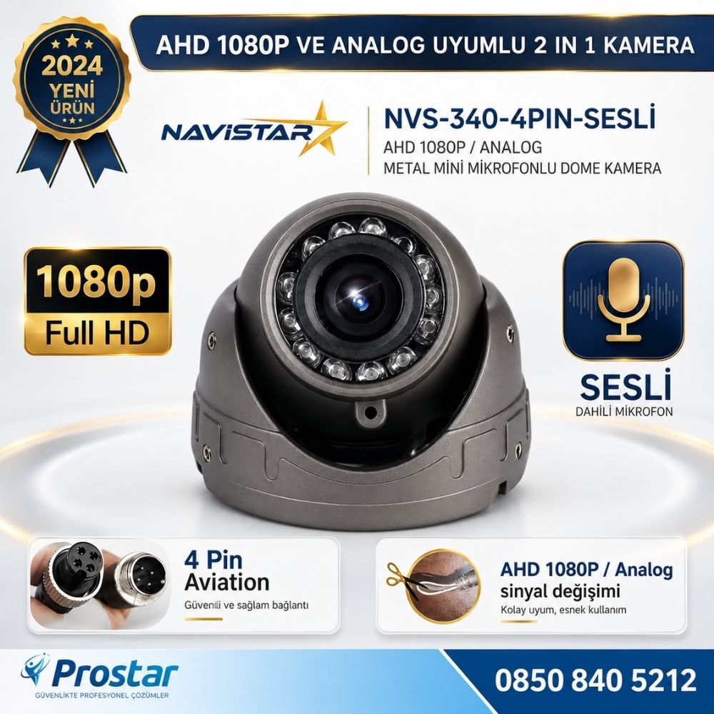 Mikrofonlu AHD 1080P ve Analog Pal Dönüşümlü Gece Görüşlü 4 Pin Mini Metal Dome Araç Kamerası
