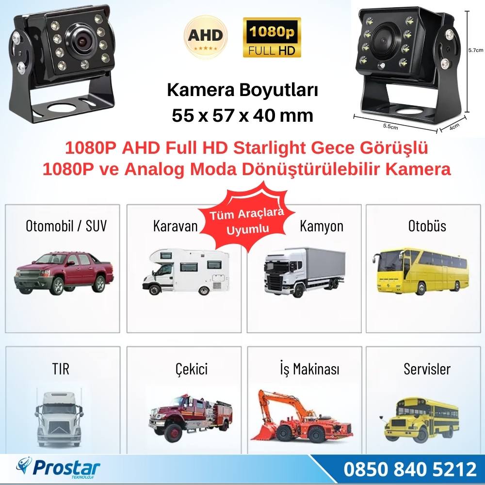 Mini Kamera AHD 1080P ve Analog Pal Çevirilebilir Gece Görüşlü Metal Ayaklı Full HD Kamera