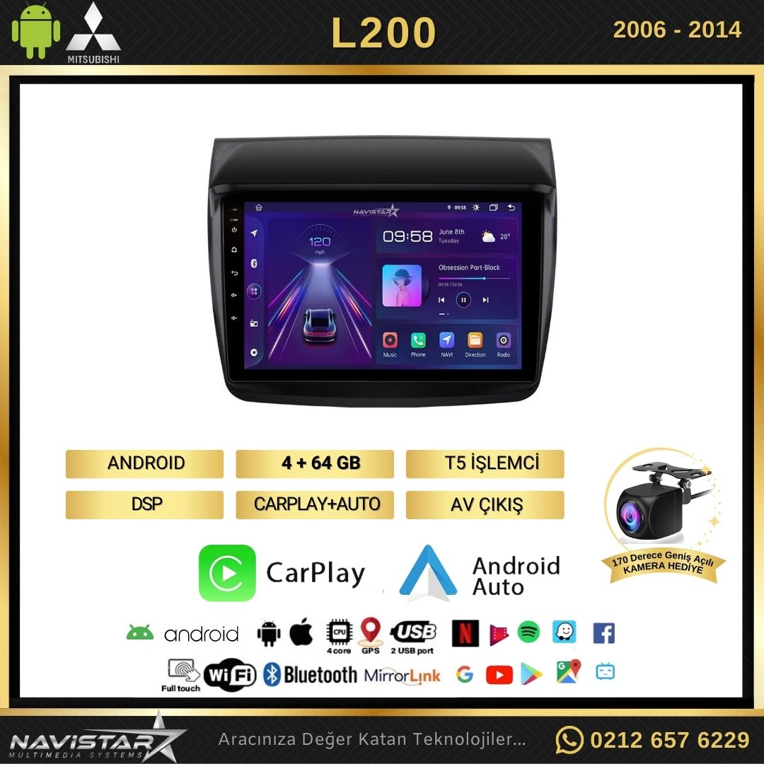 Mitsubishi L200 2006-2014 Model 4GB + 64GB Android 13 Kablosuz Carplay Navigasyon Multimedya Sistemi
