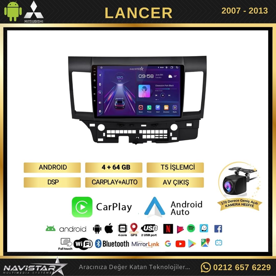 Mitsubishi Lancer 20072013 Model 4GB + 64GB Android 13 Kablosuz Carplay Navigasyon Multimedya Sistemi