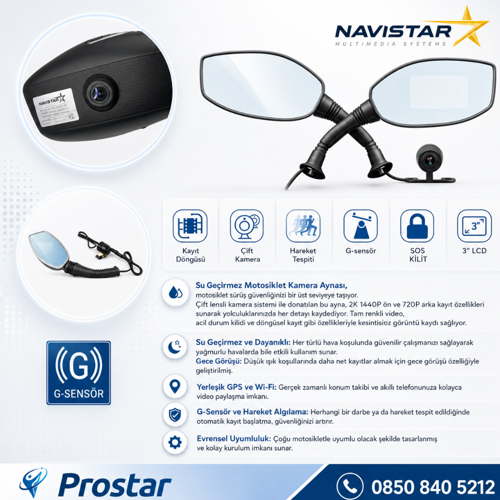 Motosiklet için 3 inç Aynalı Çift Kameralı 2K 1440P WIFI GPS Kamera Seti