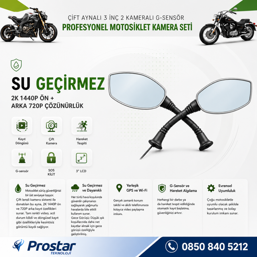 Motosiklet için 3 inç Aynalı Çift Kameralı 2K 1440P WIFI GPS Kamera Seti