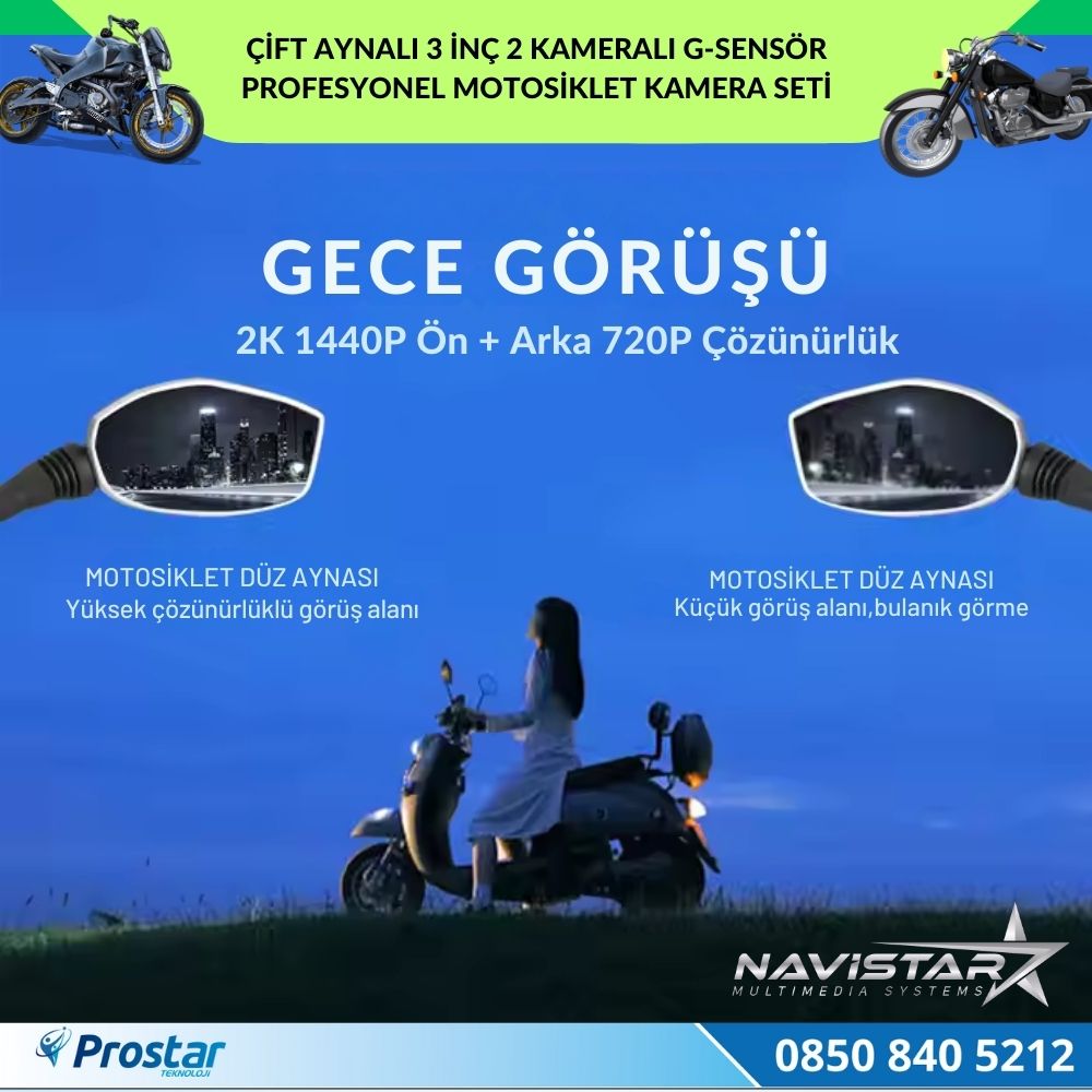 Motosiklet için 3 inç Aynalı Çift Kameralı 2K 1440P WIFI GPS Kamera Seti