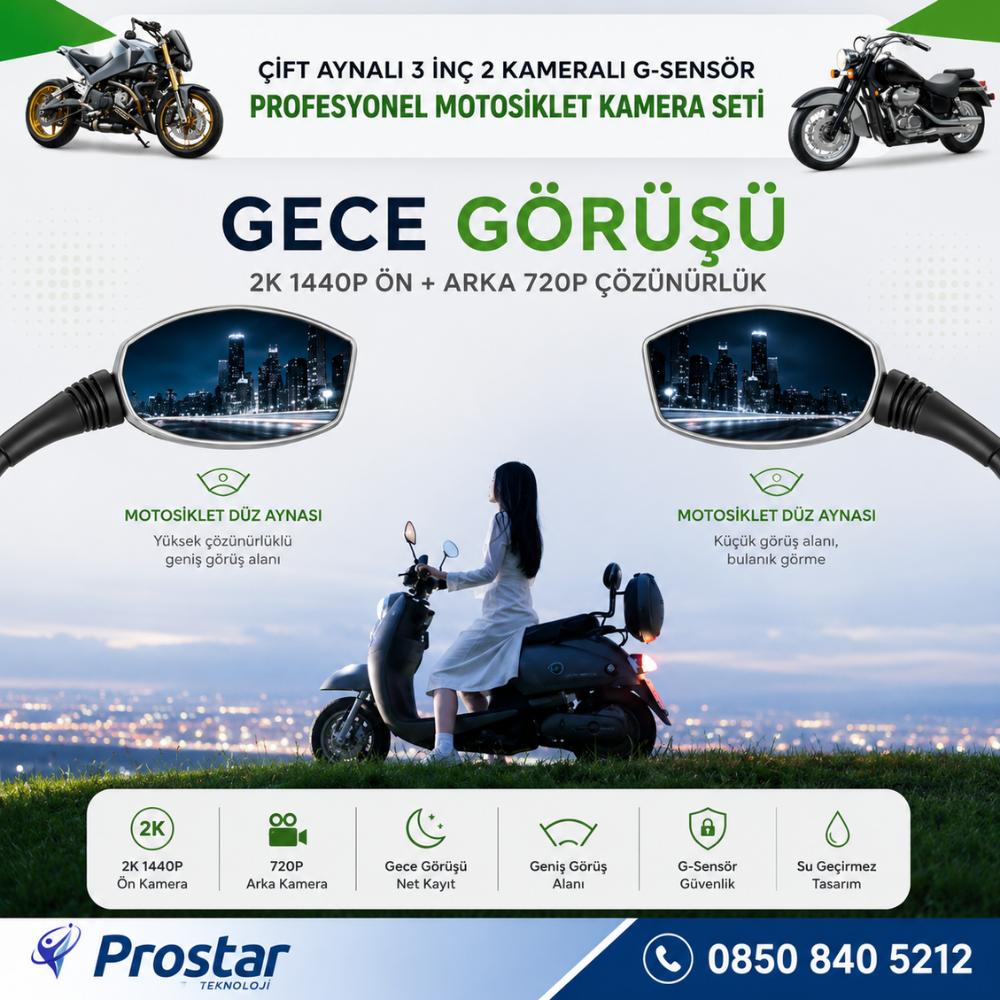 Motosiklet için 3 inç Aynalı Çift Kameralı 2K 1440P WIFI GPS Kamera Seti