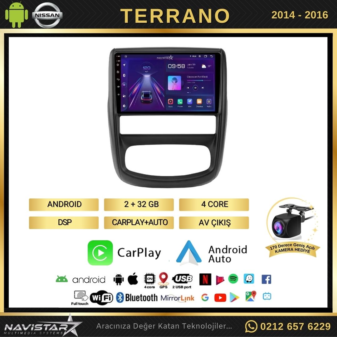 Nissan Terrano 2014-2016 Model 2GB + 64GB Android 13 Kablosuz Carplay Navigasyon Multimedya Sistemi
