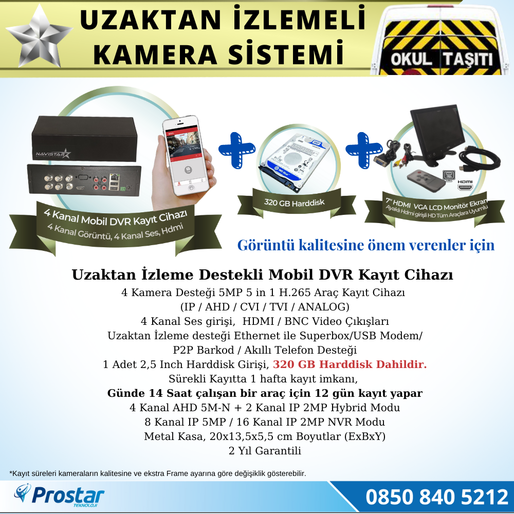 Okul Servis Kamera Sistemi Seti Uzaktan Izlemeli 4 Kameralı 7" Hdmi Monitör 320 Gb Harddisk Dahil