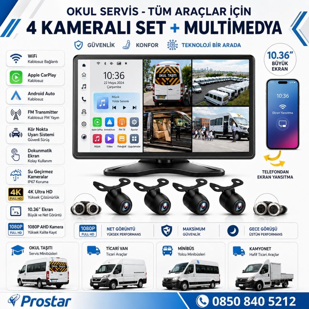 Okul Servisleri Için 10.36" Dokunmatik Ekranlı 4 Kameralı Kayıtlı Video Müzik Telefon Ekran Yansıtma Özellikli Tak Kullan Kamera Seti