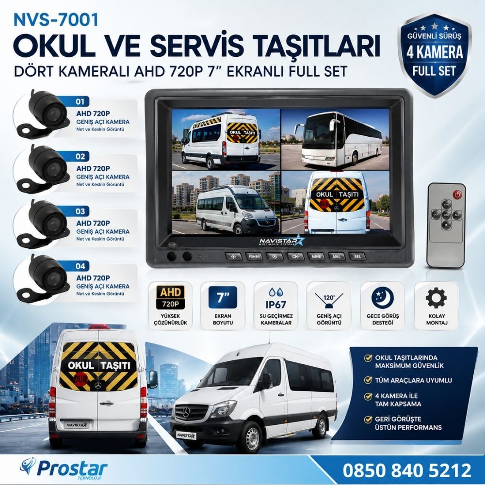 Okul Ve Servis Taşıtları Dört Kameralı AHD 720P 7" Ekranlı 4 Kamera Dahil Full Set
