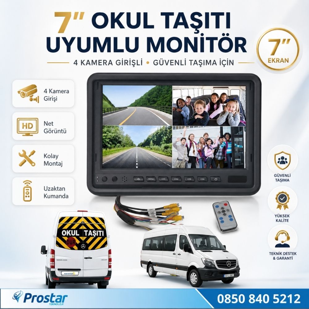 Okul ve Servis Taşıtları için Dörde Bölünebilen 7" Quad Monitör