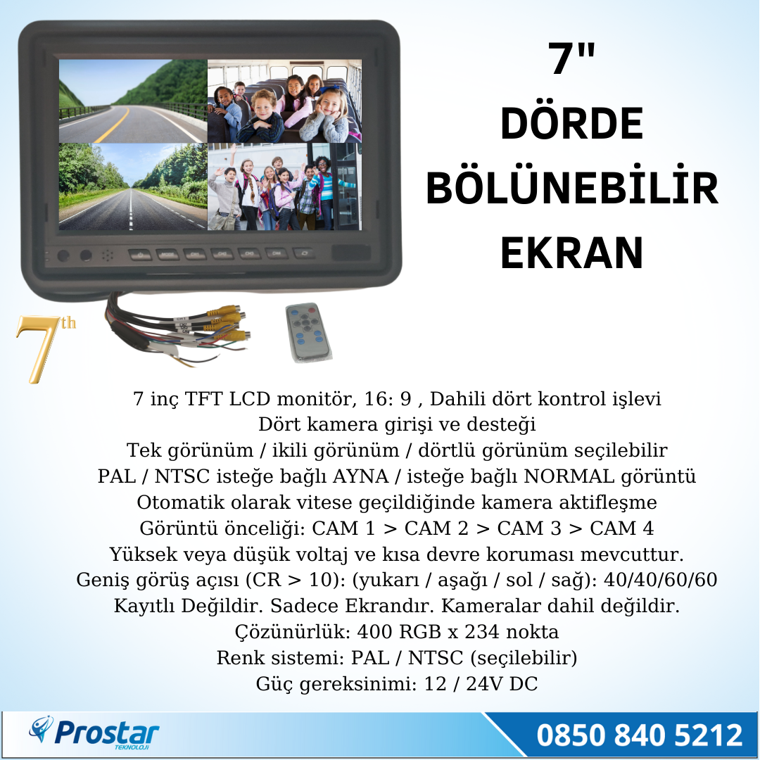 Okul ve Servis Taşıtları için Dörde Bölünebilen 7" Quad Monitör