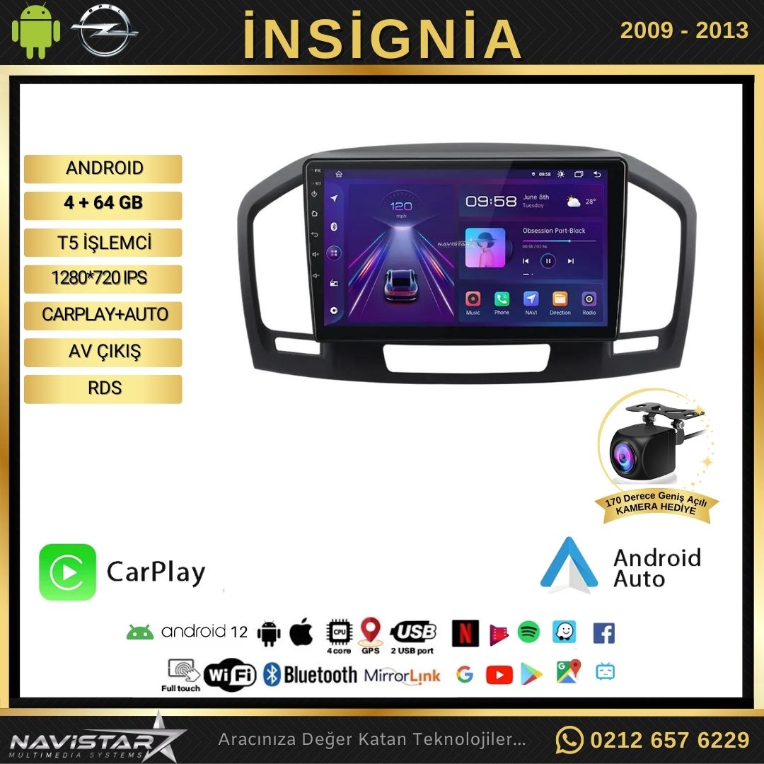 Opel İnsignia 2009-2013 Model 4+64 GB Android 13 Kablosuz Carplay Navigasyon Multimedya Sistemi