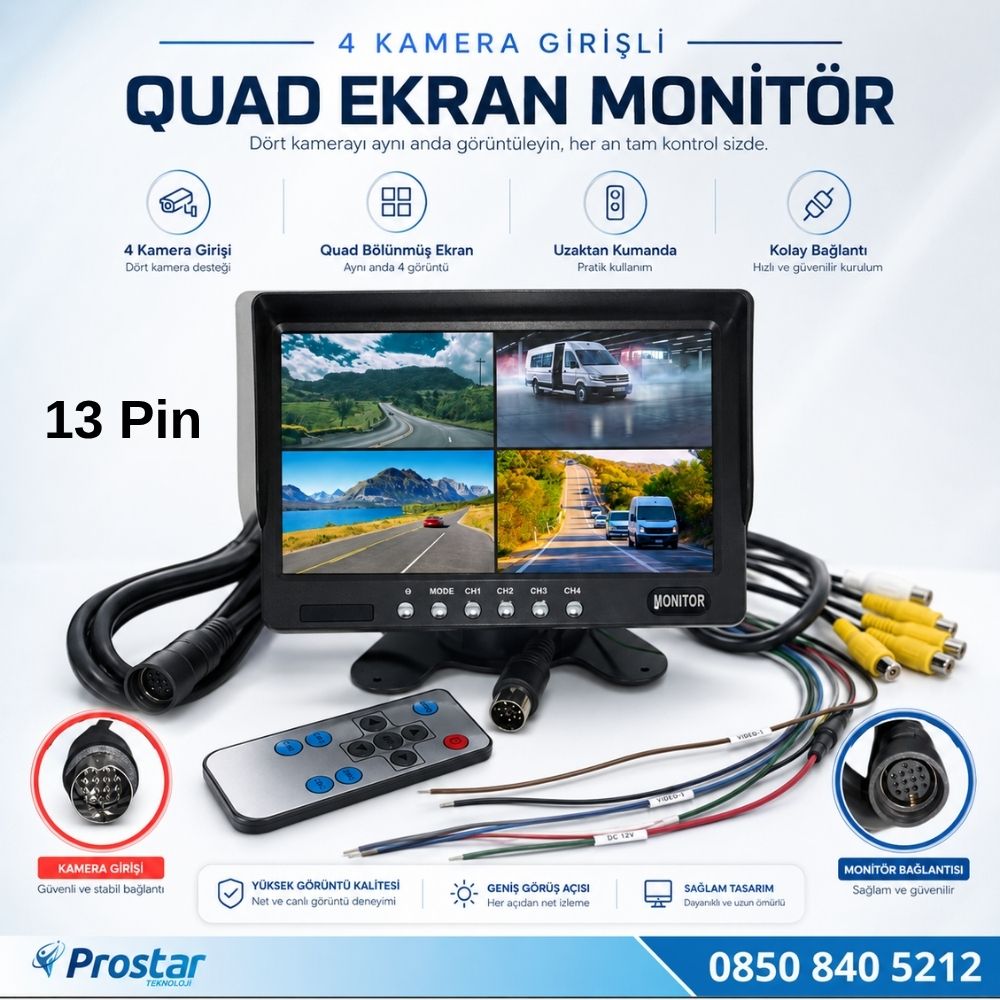 Orjinal 7" Dörde Bölünür Araç Monitörü 13 Pin Çıkışlı 4 Kamera Girişli Ekran