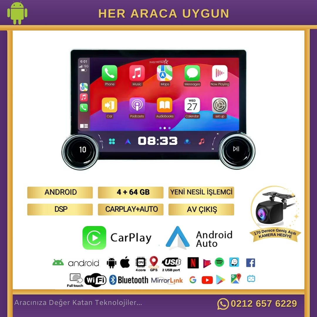 Peugeot 206 DUAL KNOB 10" 2001-2008 Model 4GB + 64GB Android 13 Kablosuz Carplay Navigasyon Multimedya Sistemi