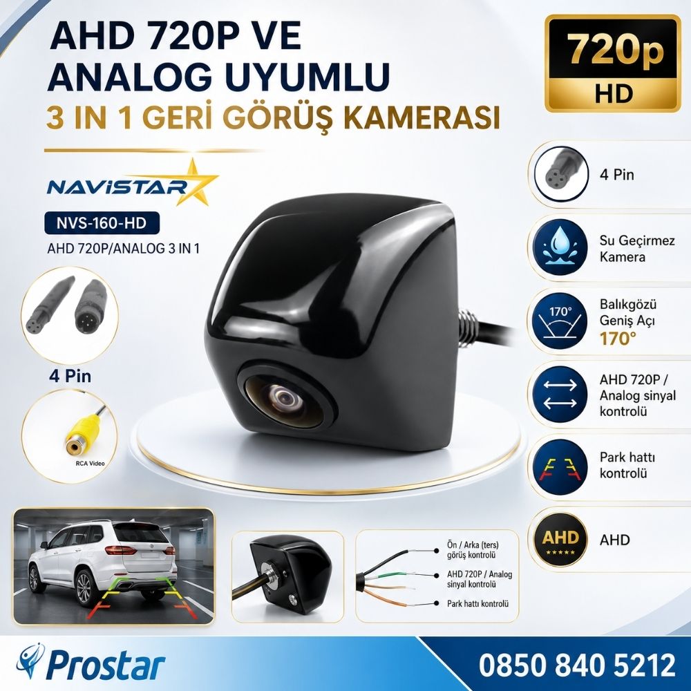 Piramit Balıkgözü AHD 720P ve Analog Çevrilebilir 170 Derece Geniş Açılı Geri Görüş Kamerası