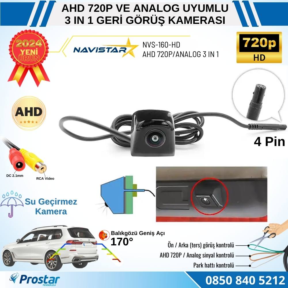 Piramit Balıkgözü AHD 720P ve Analog Çevrilebilir 170 Derece Geniş Açılı Geri Görüş Kamerası