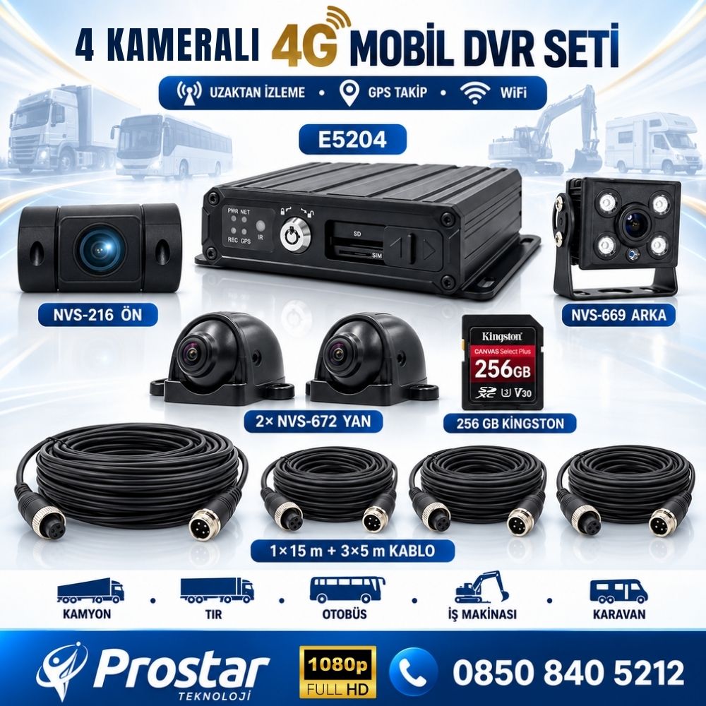 Profesyonel 4 adet AHD 1080P Kameralı 4G GPS WIFI Mobil DVR Kamera Seti (256 GB Hafıza Kartı Dahil)