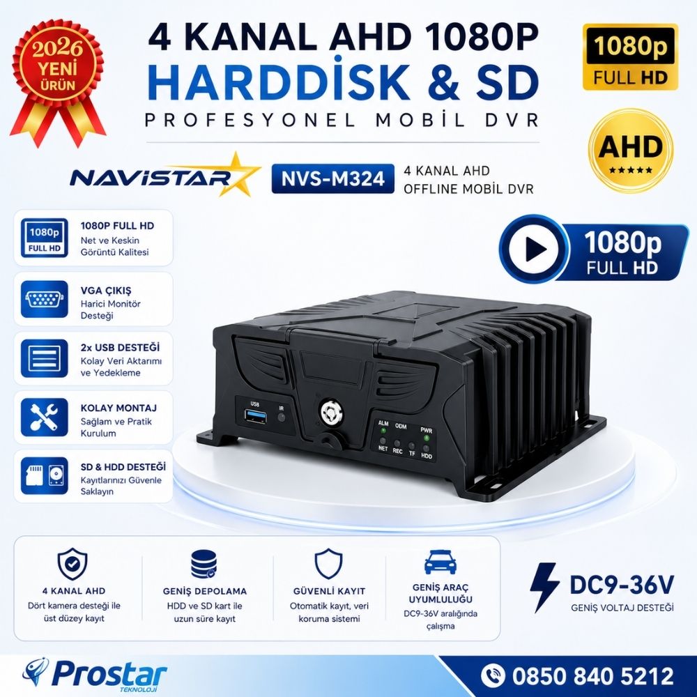 Profesyonel 4 Kanal AHD Mobil DVR Kayıt Cihazı - 1080p, 10TB HDD + 512GB SD Desteği, G-Sensör