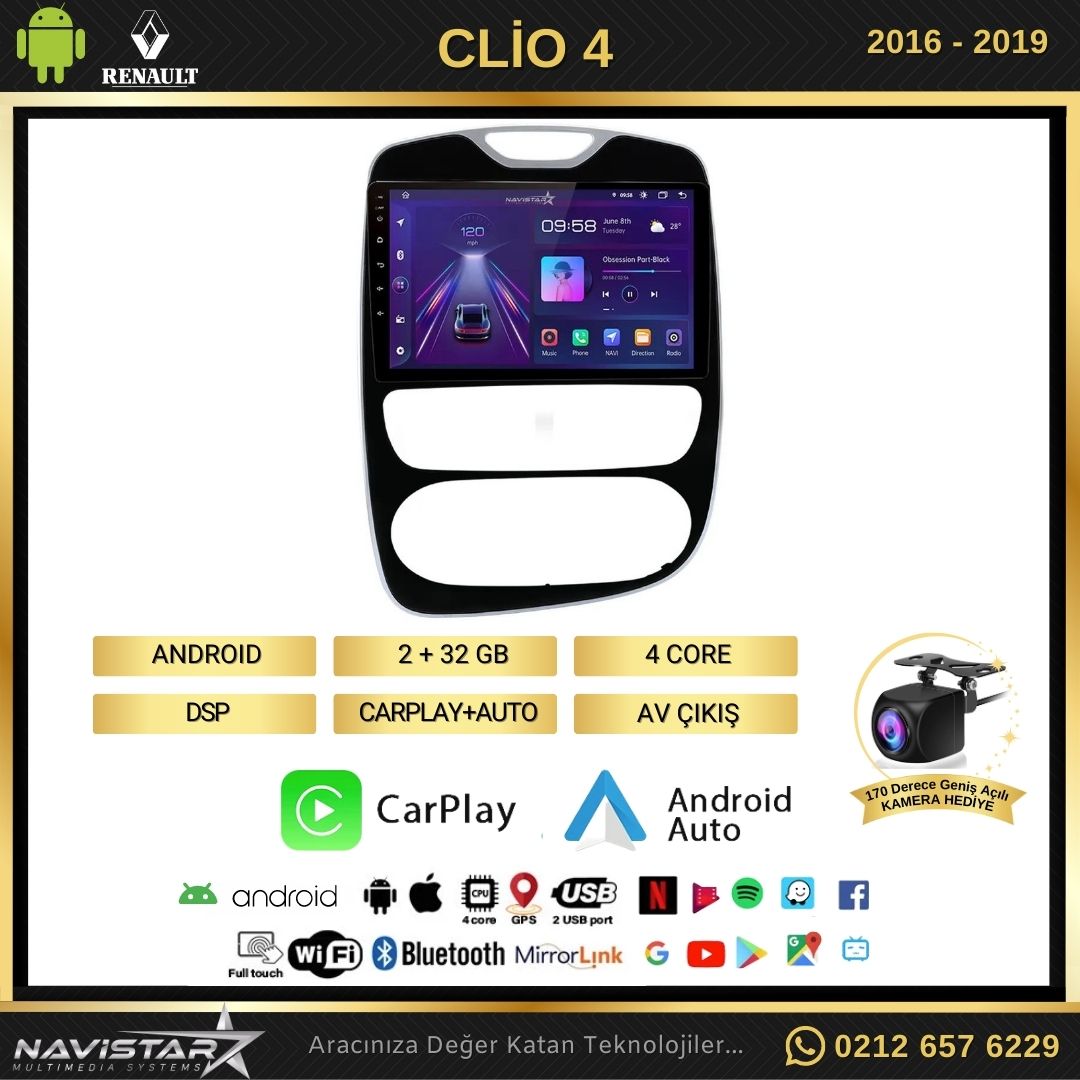 Renault Clio 4 Kablosuz Carplay 2+64GB Android 13 Navigasyon Multimedya Sistemi 2016-2019