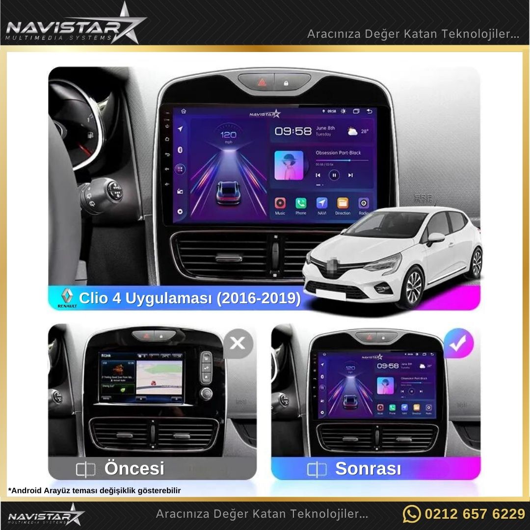 Renault Clio 4 Kablosuz Carplay 2+64GB Android 13 Navigasyon Multimedya Sistemi 2016-2019