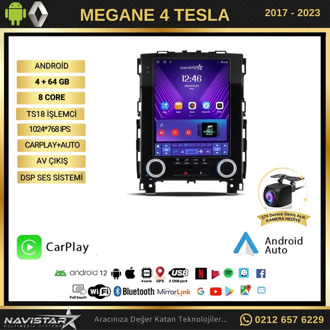 Renault Megane 4 Tesla 4GB + 64GB 2017-2023 Model Android Qled Kablosuz Carplay Navigasyon Multimedya Sistemi