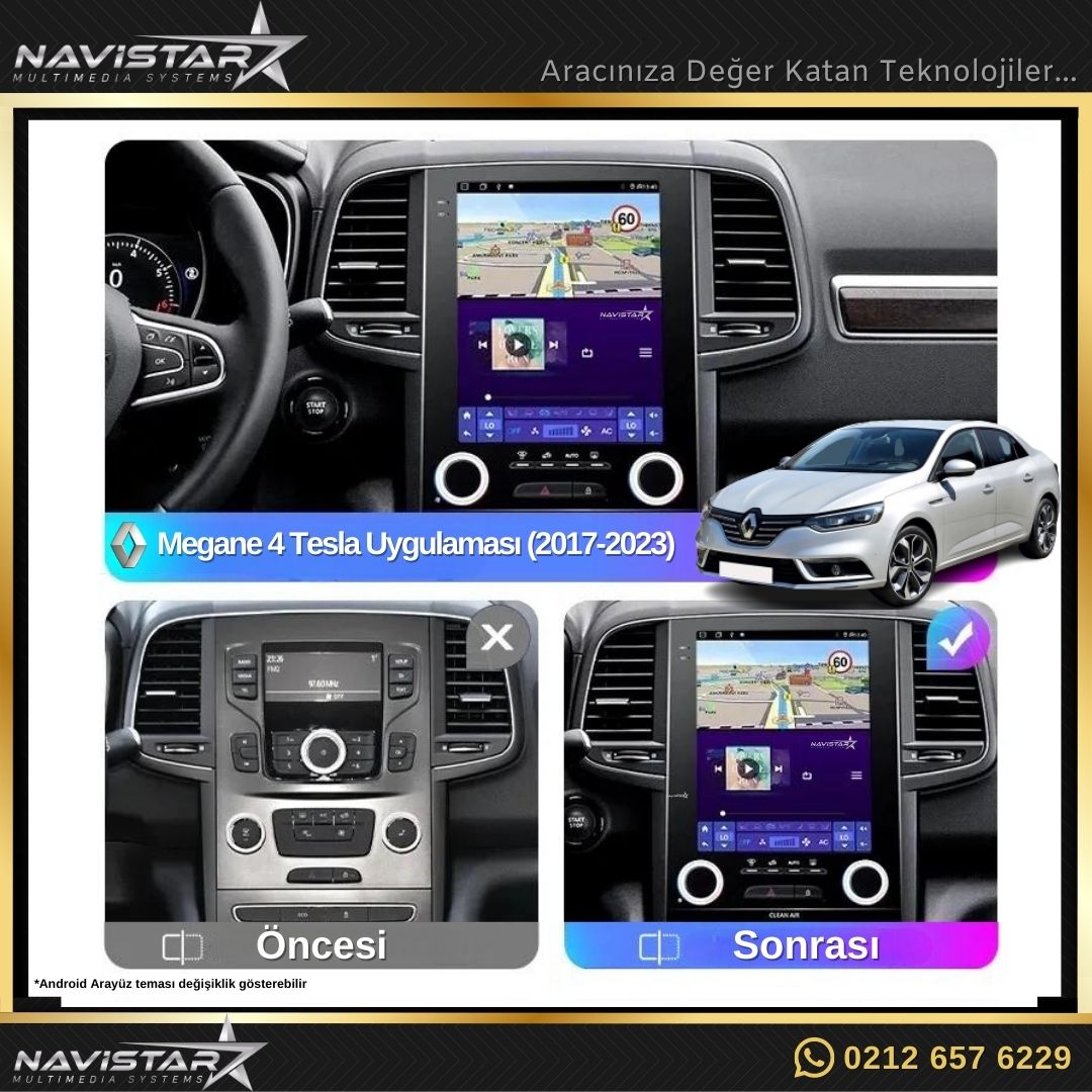 Renault Megane 4 Tesla 4GB + 64GB 2017-2023 Model Android Qled Kablosuz Carplay Navigasyon Multimedya Sistemi