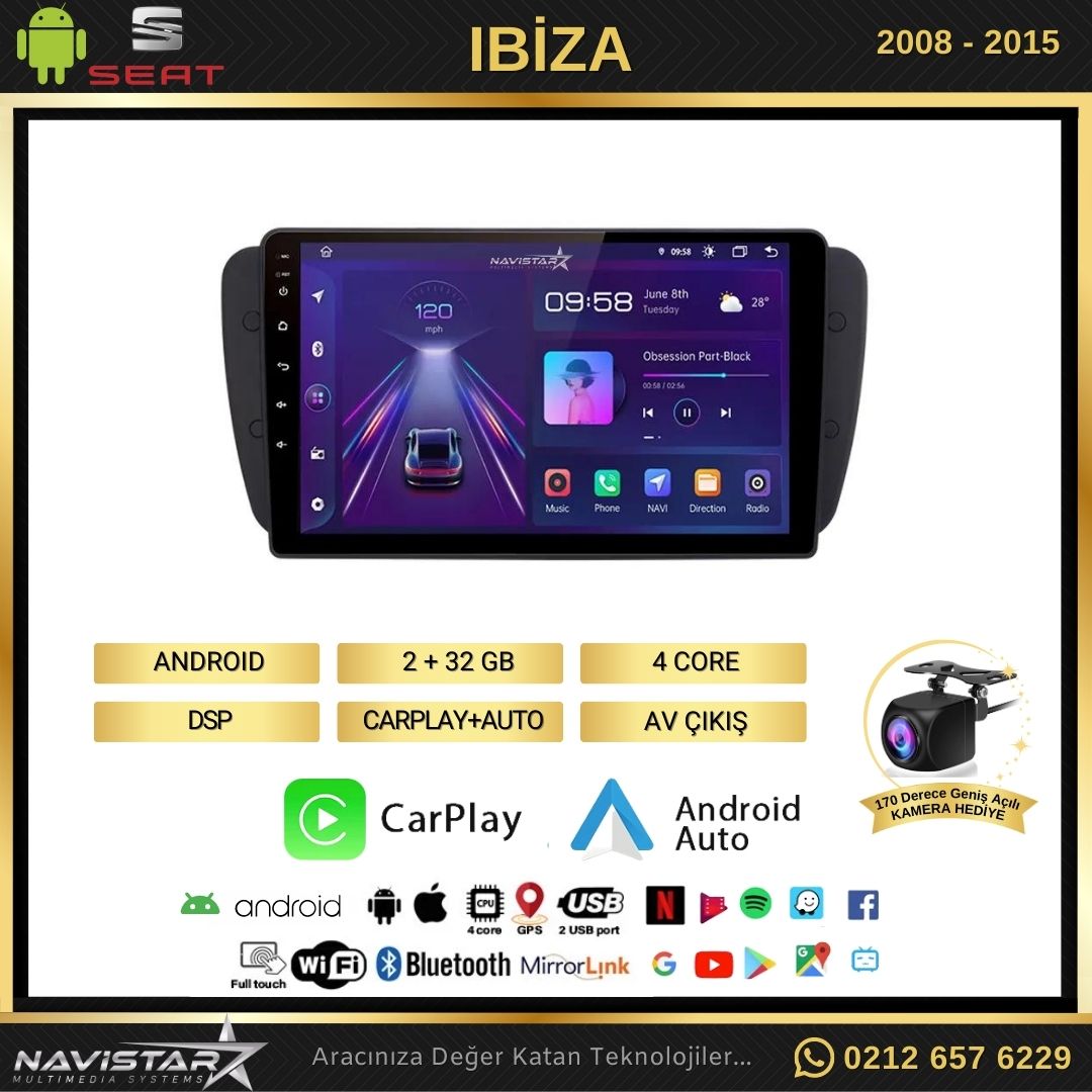 Seat Ibiza 20082015 Model 2GB + 64GB Android 13 Kablosuz Carplay Navigasyon Multimedya Sistemi