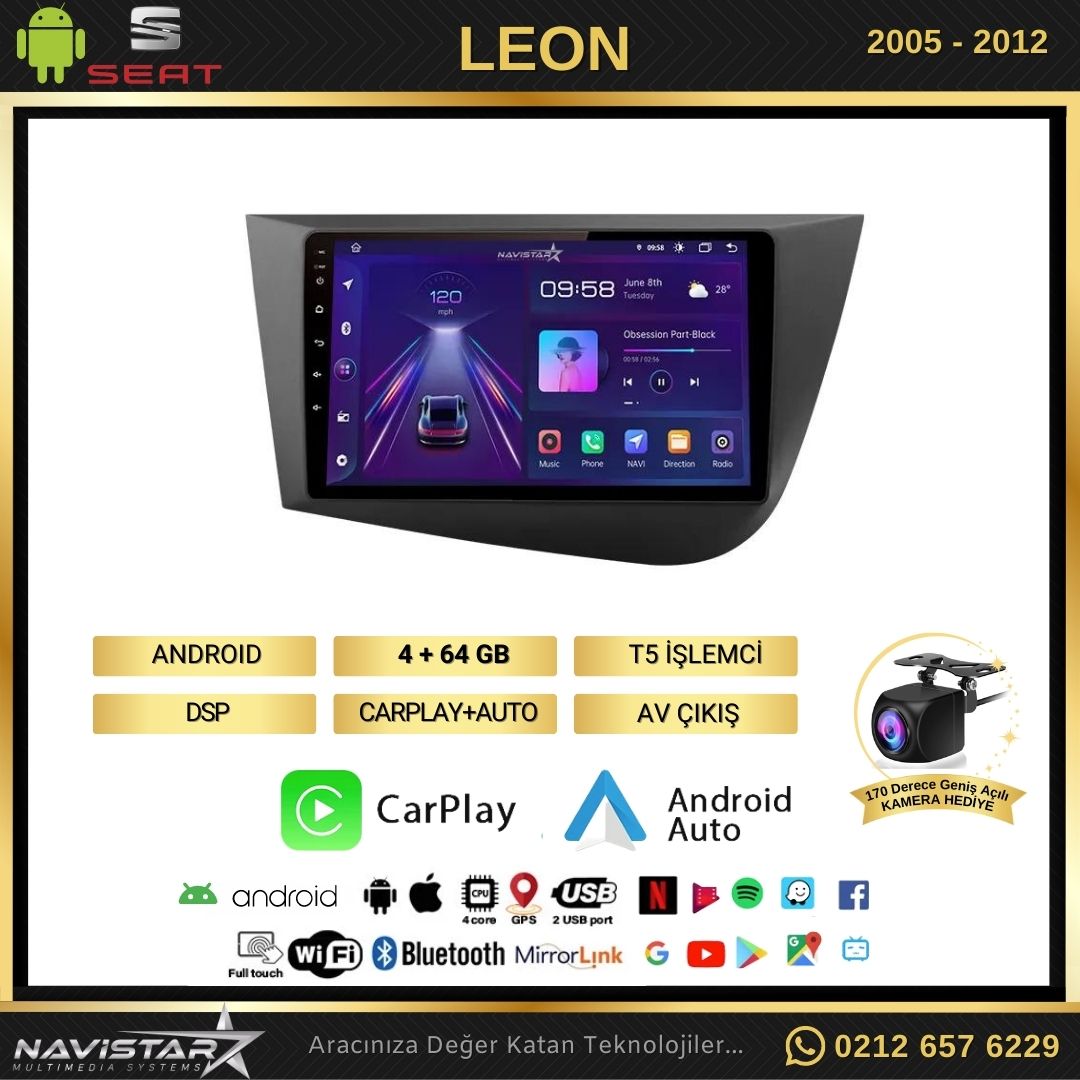 Seat Leon 4GB + 64GB 2005-2012 Model Android 13 Kablosuz Carplay Navigasyon Multimedya Sistemi