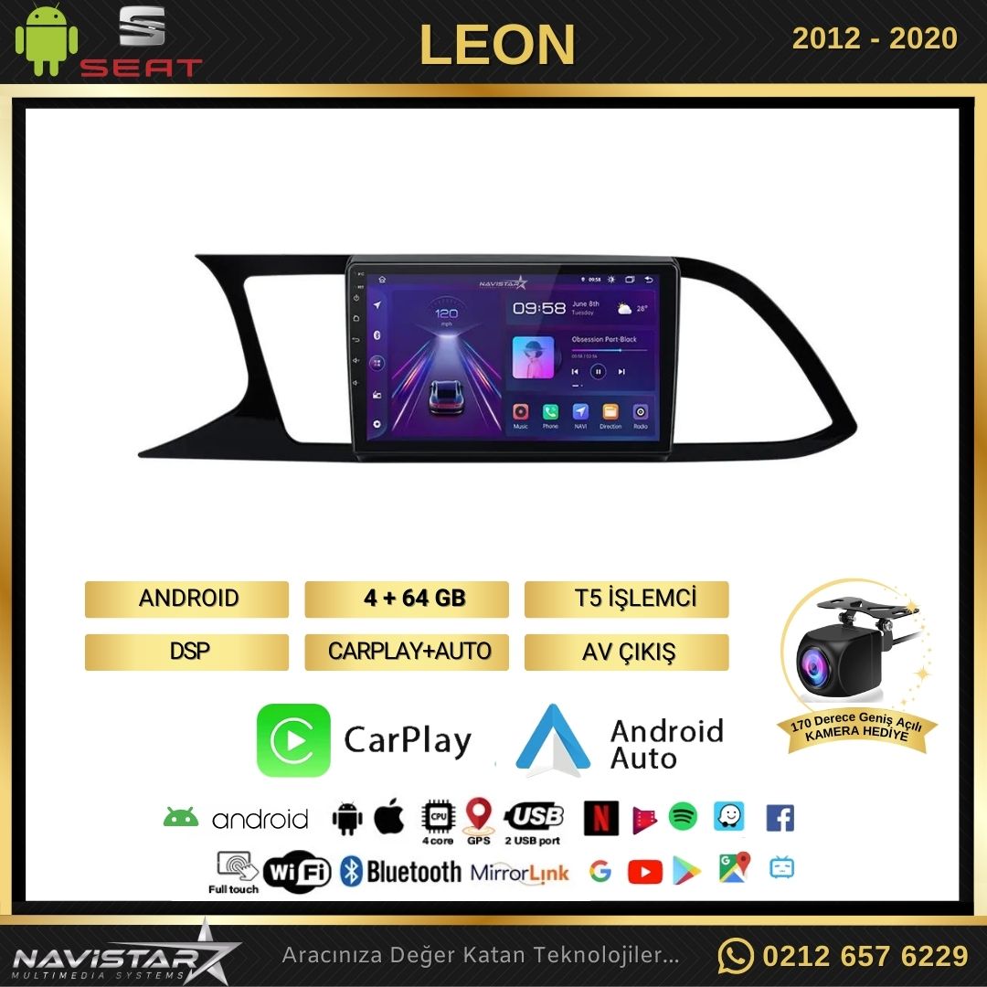 Seat Leon 4GB + 64GB 2012-2020 Model Android 13 Kablosuz Carplay Navigasyon Multimedya Sistemi