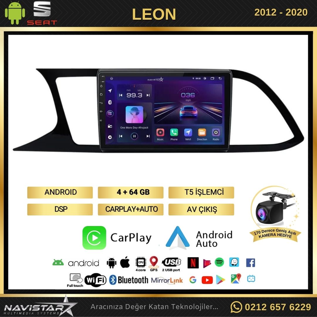 Seat Leon 4GB + 64GB Kablosuz Carplay 2012-2020 Android 13 Navigasyon Multimedya Sistemi