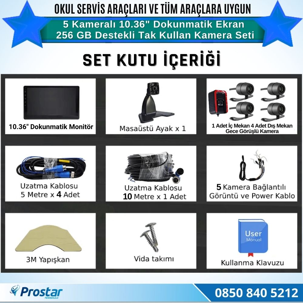 Servisler Için 5 Kameralı 10.36" Dokunmatik Kayıtlı Ekranlı 256 Gb Sd Kart Destekli Araç Kamera Seti