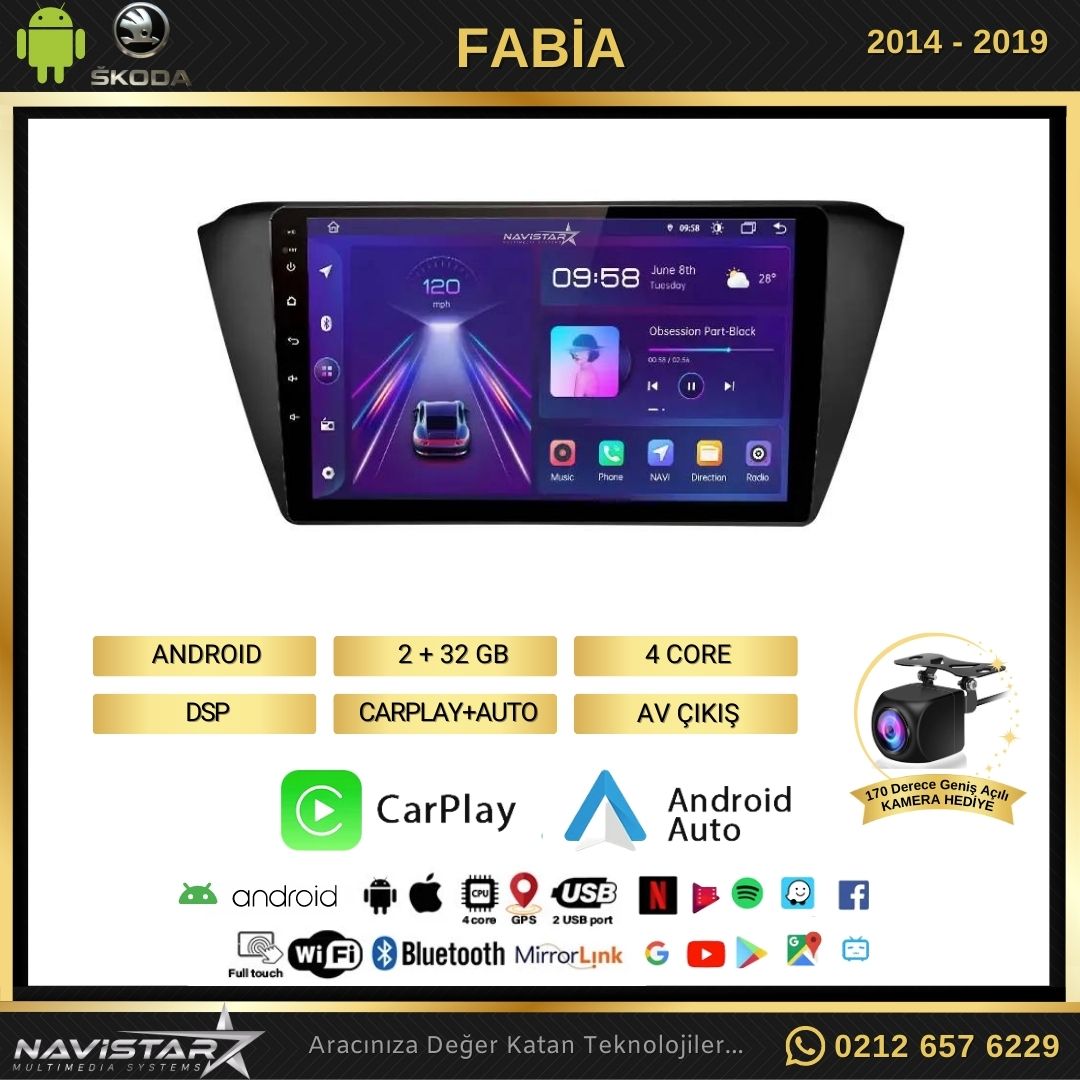 Skoda Fabia 2014-2019 Model 2+64GB Android 13 Kablosuz Carplay Navigasyon Multimedya Sistemi