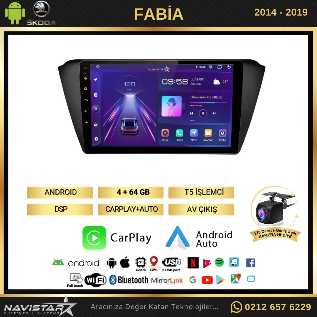 Skoda Fabia 2014-2019 Model 4+64 GB Android 13 Kablosuz Carplay Navigasyon Multimedya Sistemi