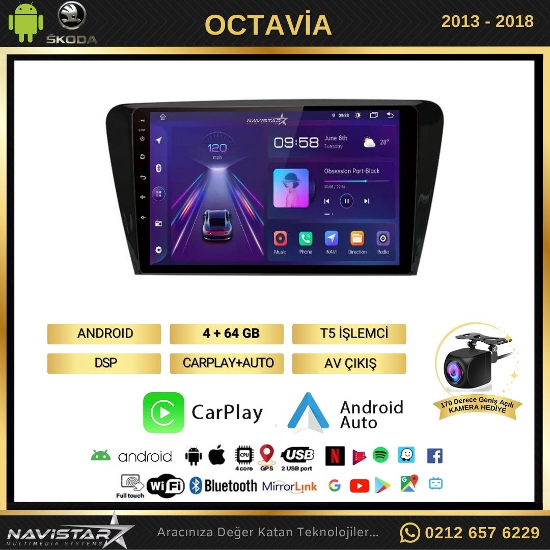 Skoda Octavia 2013-2018 Model 4GB + 64GB Android 13 Kablosuz Carplay Navigasyon Multimedya Sistemi