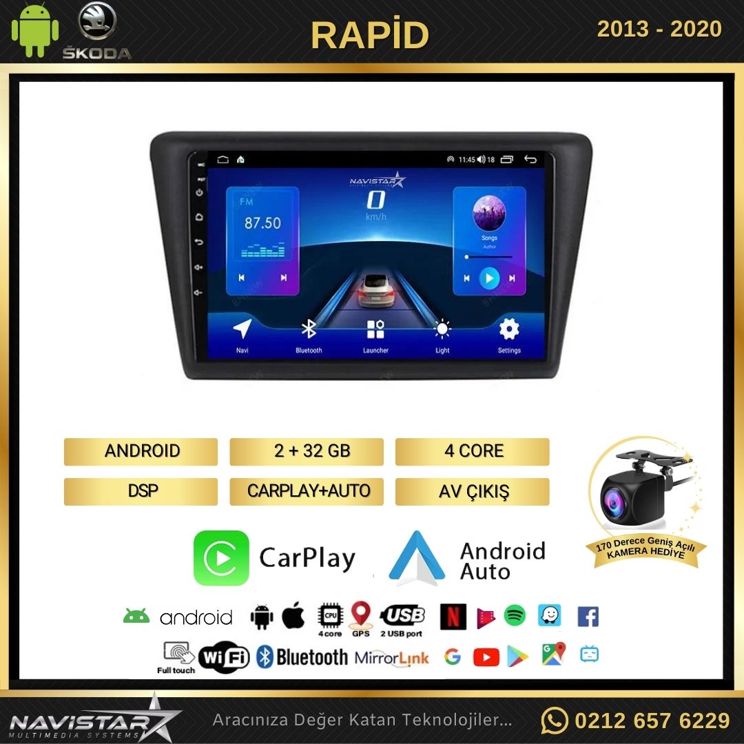 Skoda Rapid 2013-2020 Model 2+64GB Android 13 Kablosuz Carplay Navigasyon Multimedya Sistemi