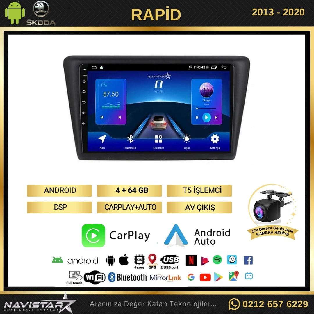Skoda Rapid 2013-2020 Model 4GB + 64GB Android 13 Kablosuz Carplay Navigasyon Multimedya Sistemi
