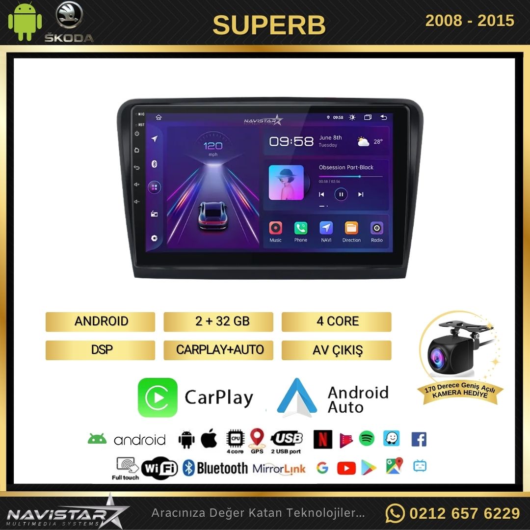 Skoda Superb 2008-2015 Model 2+64GB Android 13 Kablosuz Carplay Navigasyon Multimedya Sistemi