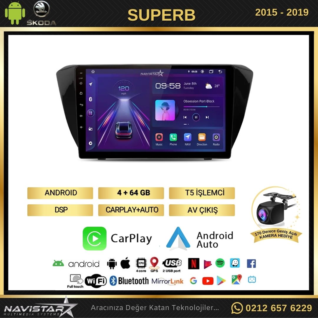 Skoda Superb 2015-2019 Model 4GB + 64GB Android 13 Kablosuz Carplay Navigasyon Multimedya Sistemi