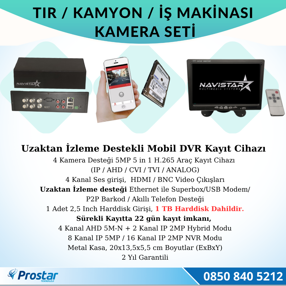 Tır Kamyon İş Makinası Için Uzaktan İzlemeli 4 Kameralı 1 Tb Harddisk Kamera Seti