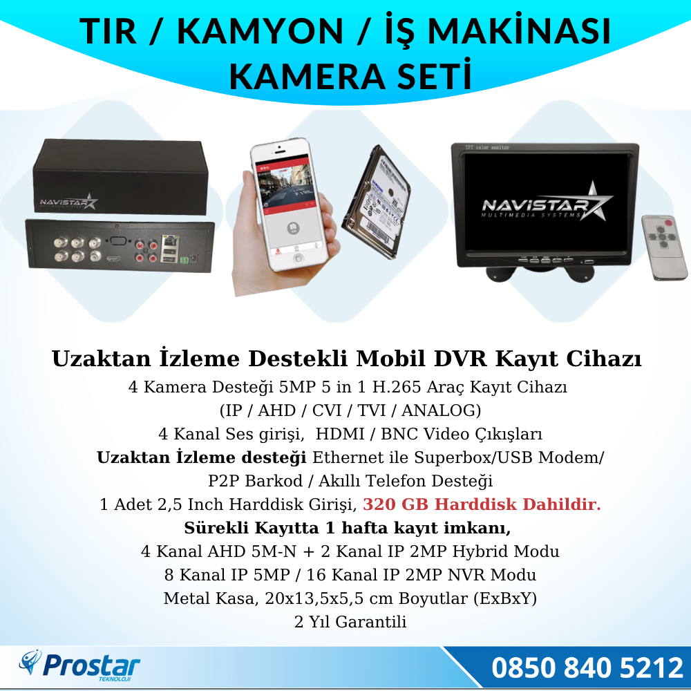 Tır Kamyon İş Makinası Için Uzaktan İzlemeli 4 Kameralı 320 Gb Harddisk Kamera Seti