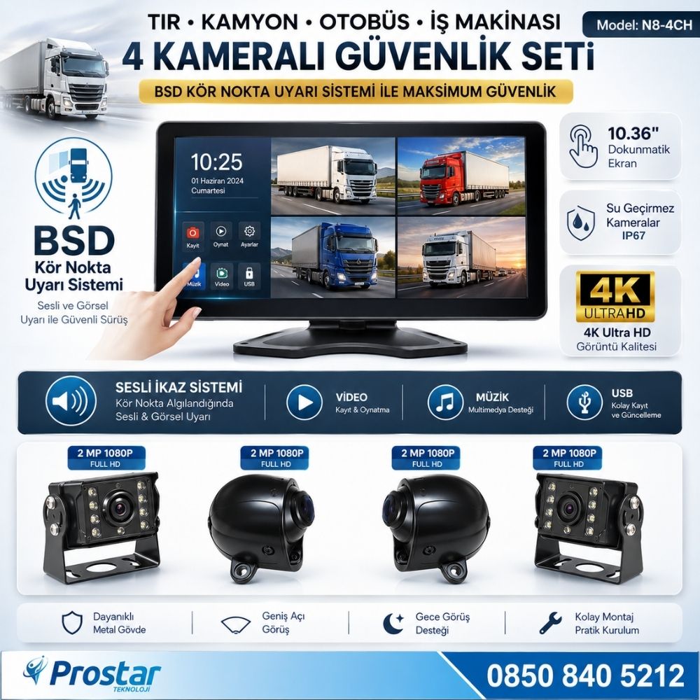 Tır ve Kamyon 10.36" Dokunmatik 4 kameralı 256 GB Destekli Kör Nokta Uyarı Sistemli Kamera Seti