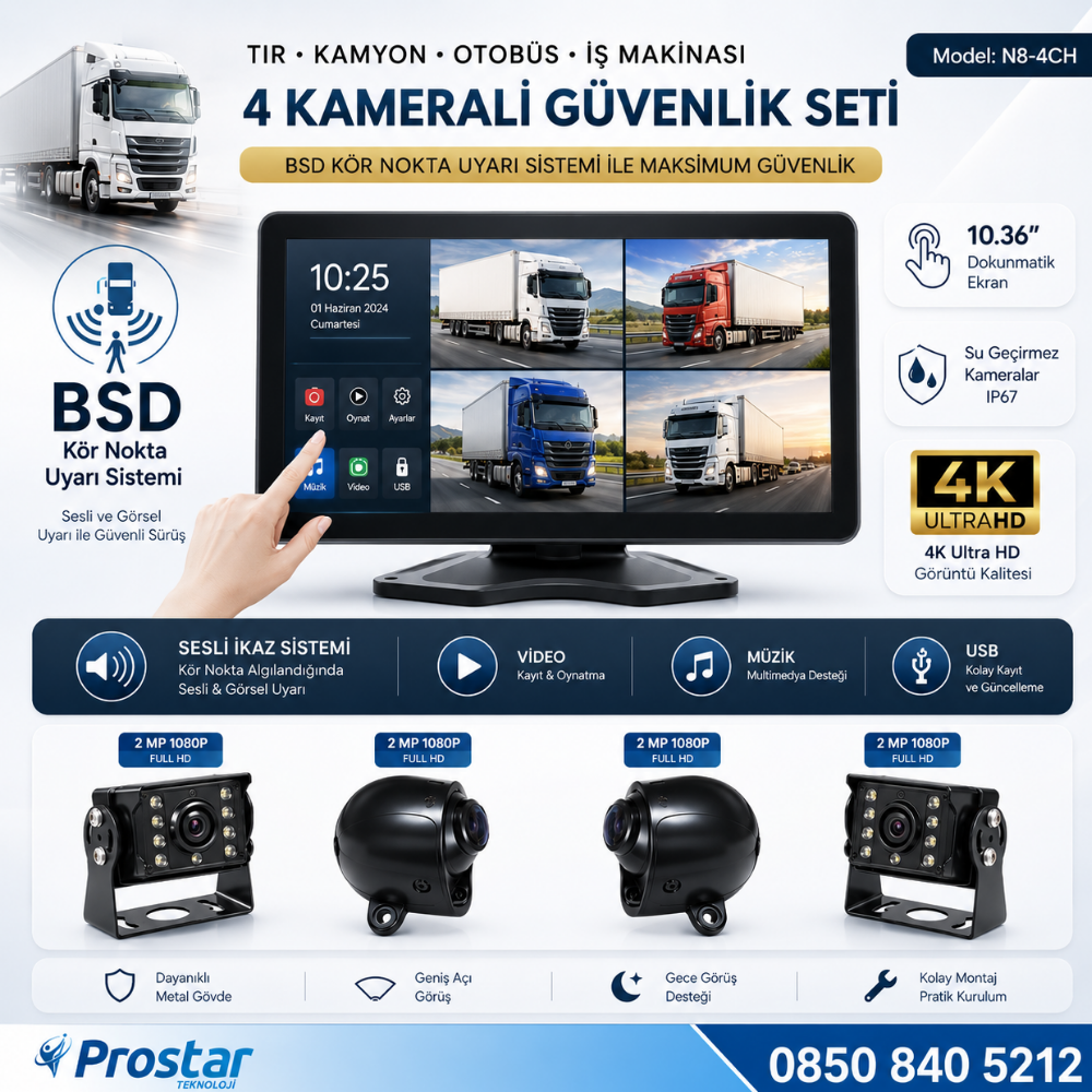 Tır ve Kamyon 10.36" Dokunmatik 4 kameralı 256 GB Destekli Kör Nokta Uyarı Sistemli Kamera Seti