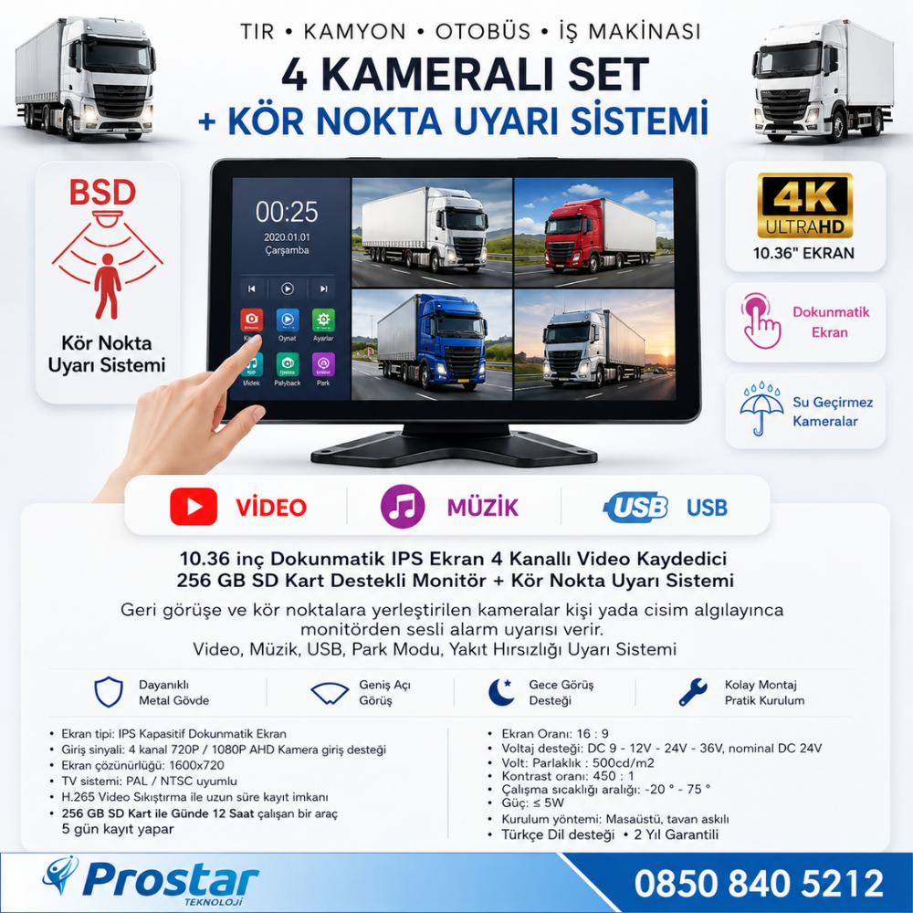 Tır ve Kamyon 10.36" Dokunmatik 4 kameralı 256 GB Destekli Kör Nokta Uyarı Sistemli Kamera Seti